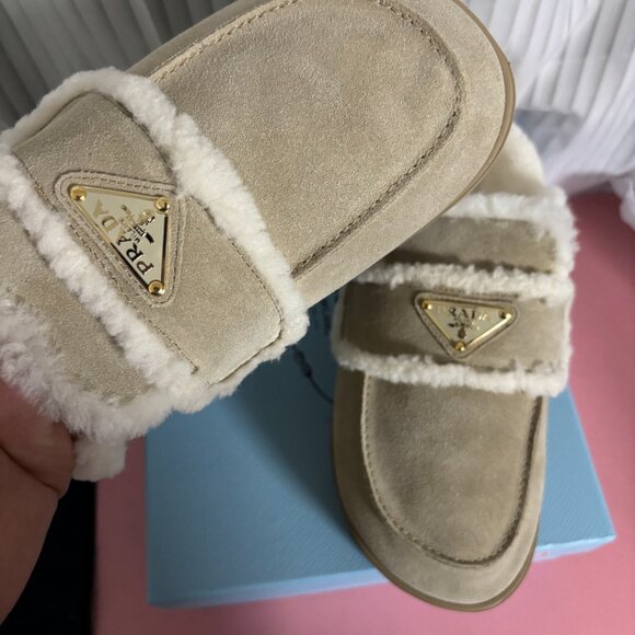 Prada Beige Suede Shearling Mules Size 39 - Picture 2 of 7